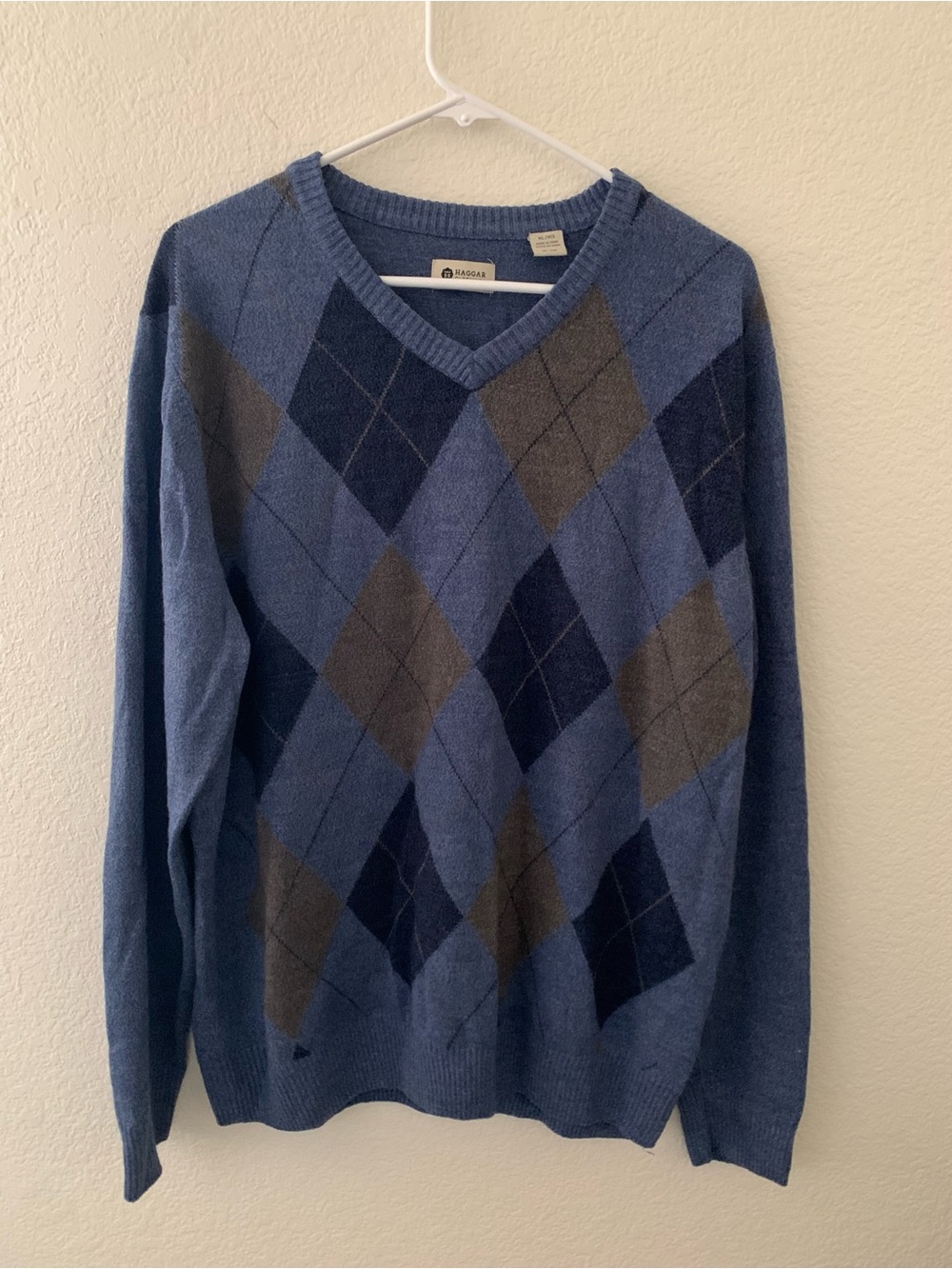 Argyle Sweater Blue Gray Diamond Knit Pullover Preppy Grandpacore XL